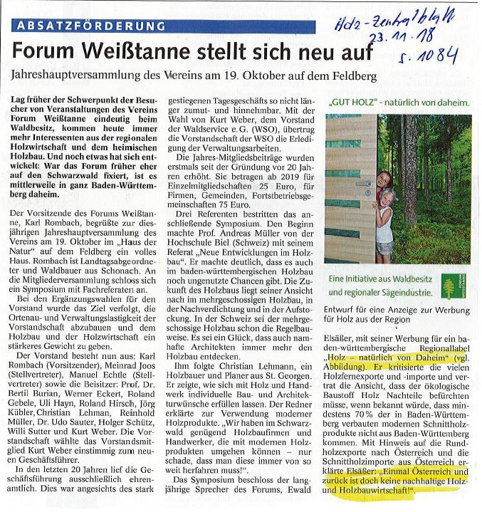 Pressebericht Holzzentralblatt über MV des Forum Weisstanne 2018